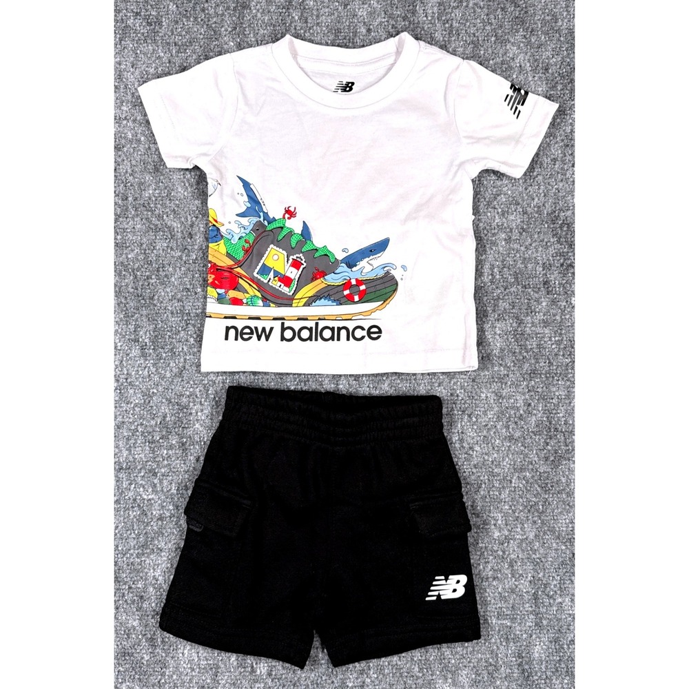 New Balance Boys 12M 2 Piece Set White Graphic Tee Black Cargo Shorts NWT